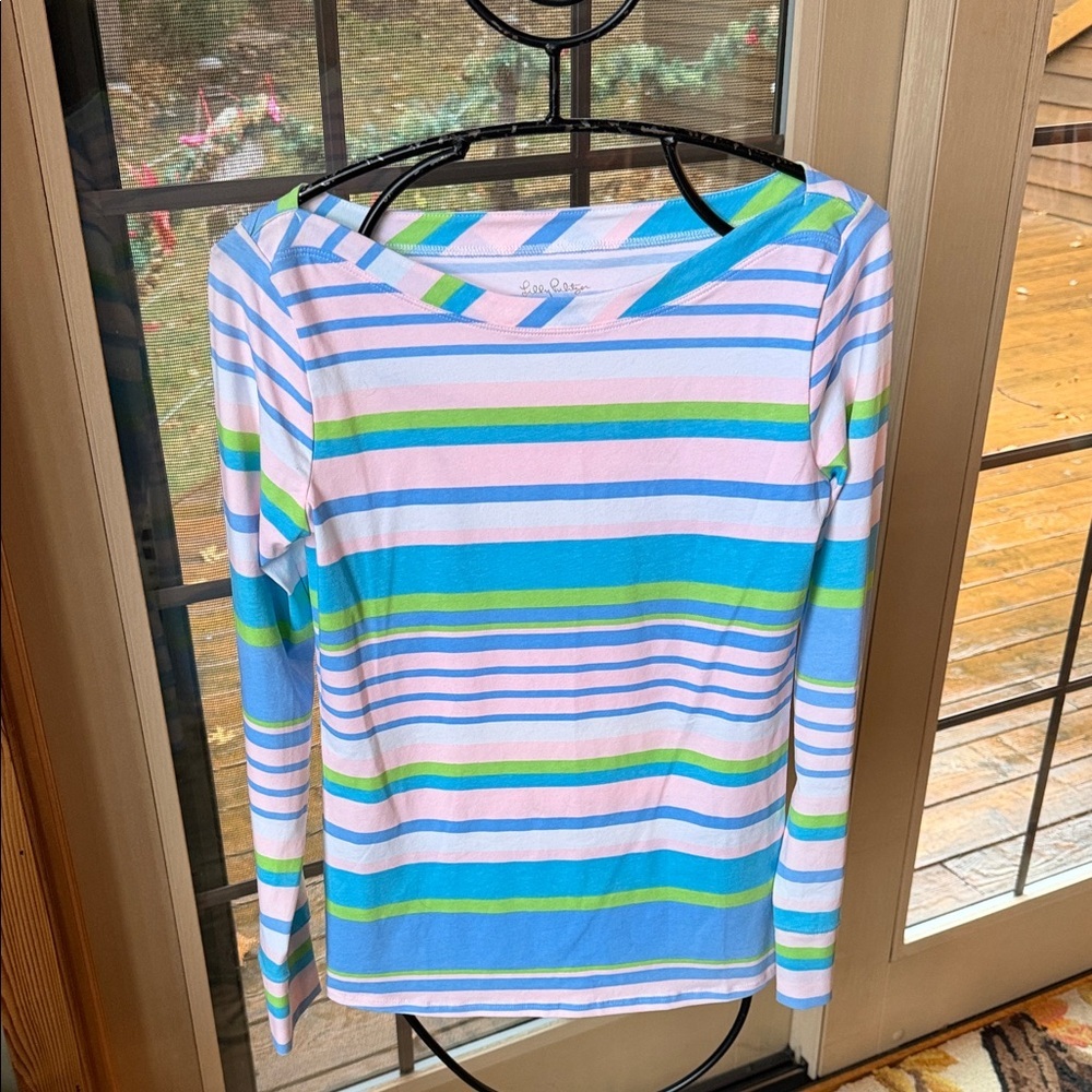 Lilly Pulitzer Aleah Top Paradise Stripe Long Sleeve Boat Neck Pink Blue Green S